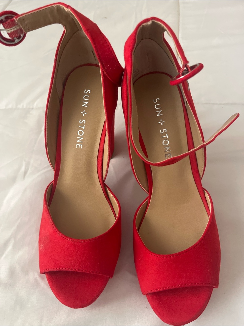 Sun + Stone Red Suede Open-Toe Ankle-Strap Heels